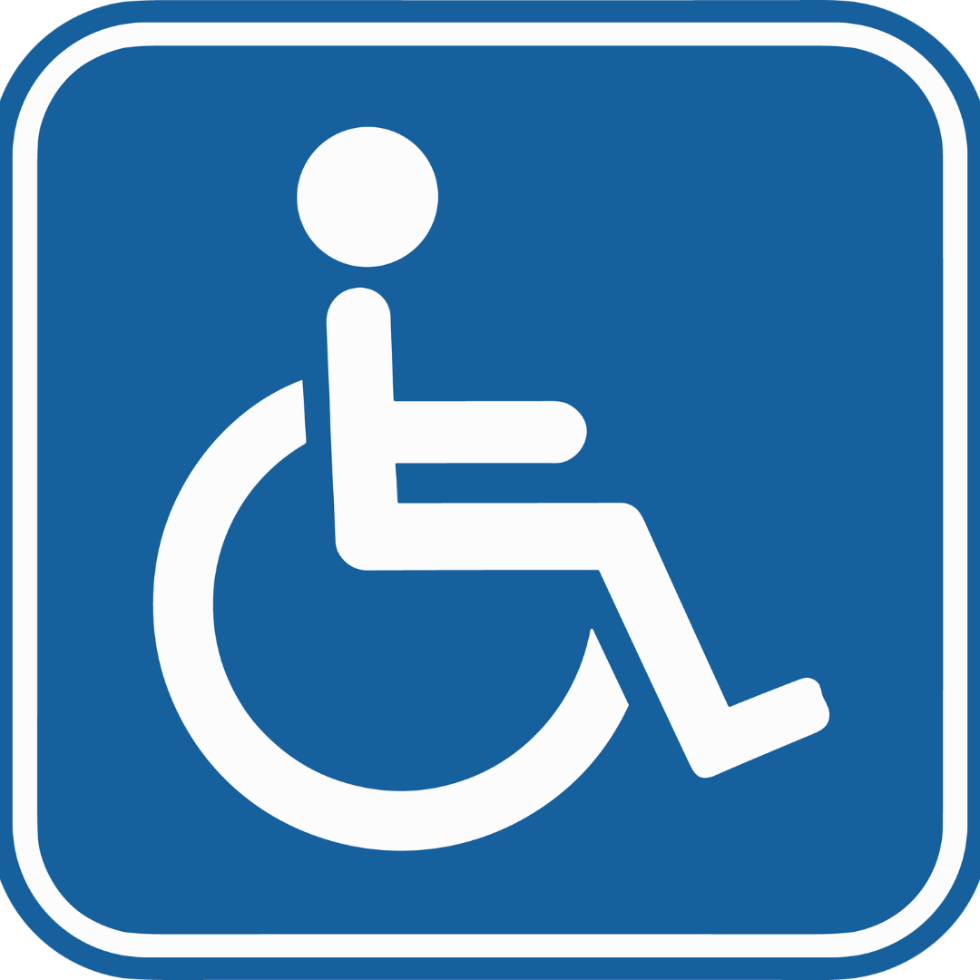 International Symbol of Accessibility featuring a white minimalist icon of a person in a wheelchair on a blue square background.