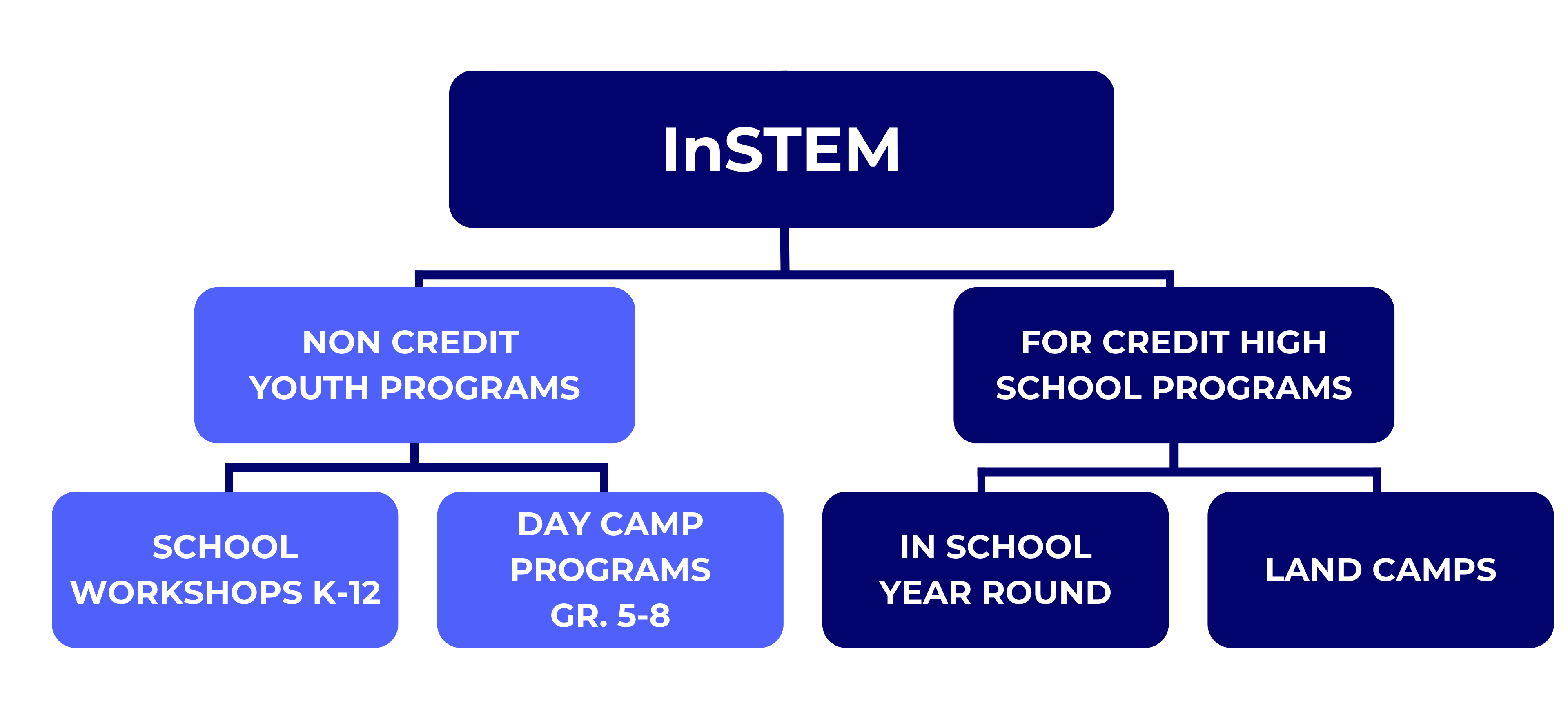 The streams of the InSTEM program include Non-credit youth programs and For Credit high school programs. Non-credit programs can include school workshops for grade k-12 and Day Camp programs for grades 5-8;. For Credit high school programs can include Land Camps and in-school, year-round programs. 